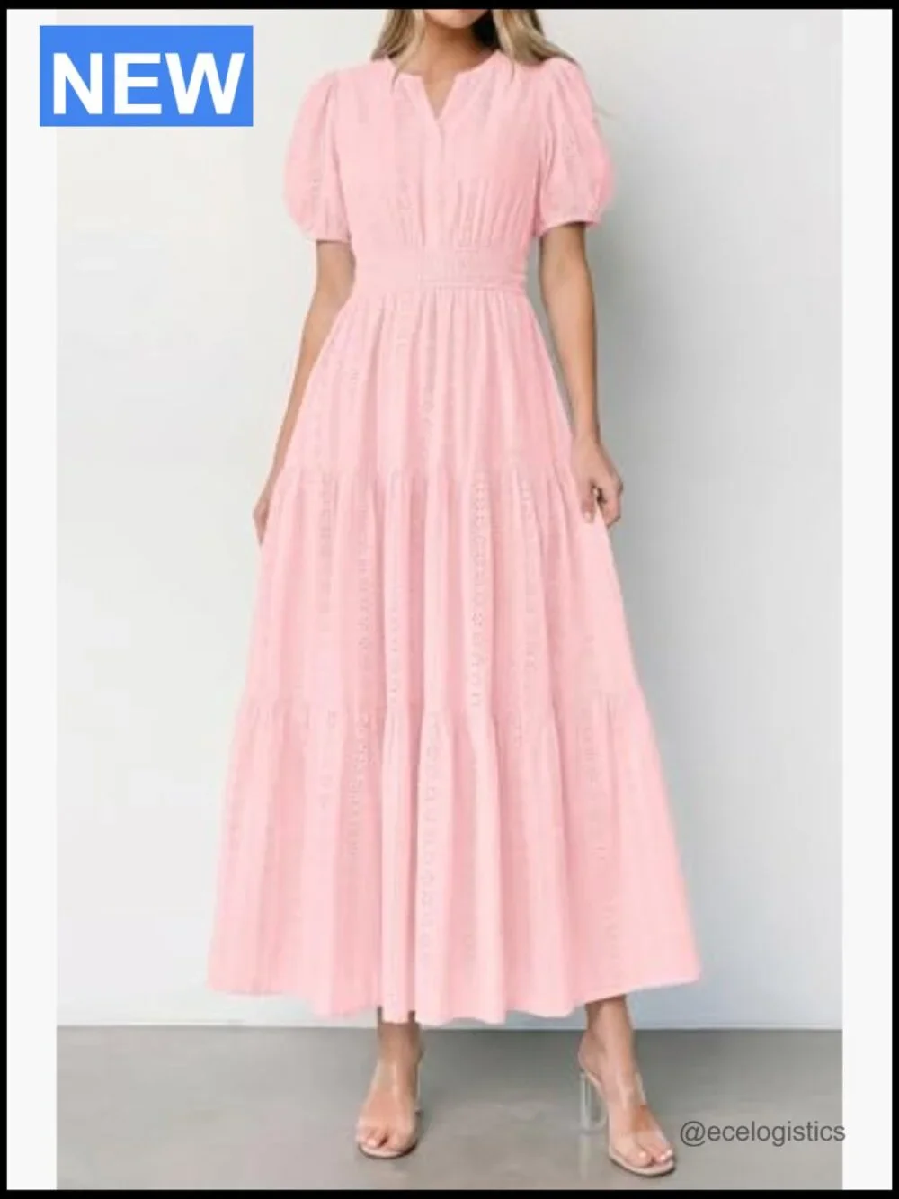 V Neck Puff Sleeve Smocked Maxi Dress Eyelet Cotton Tiered - Picture 3 of 7